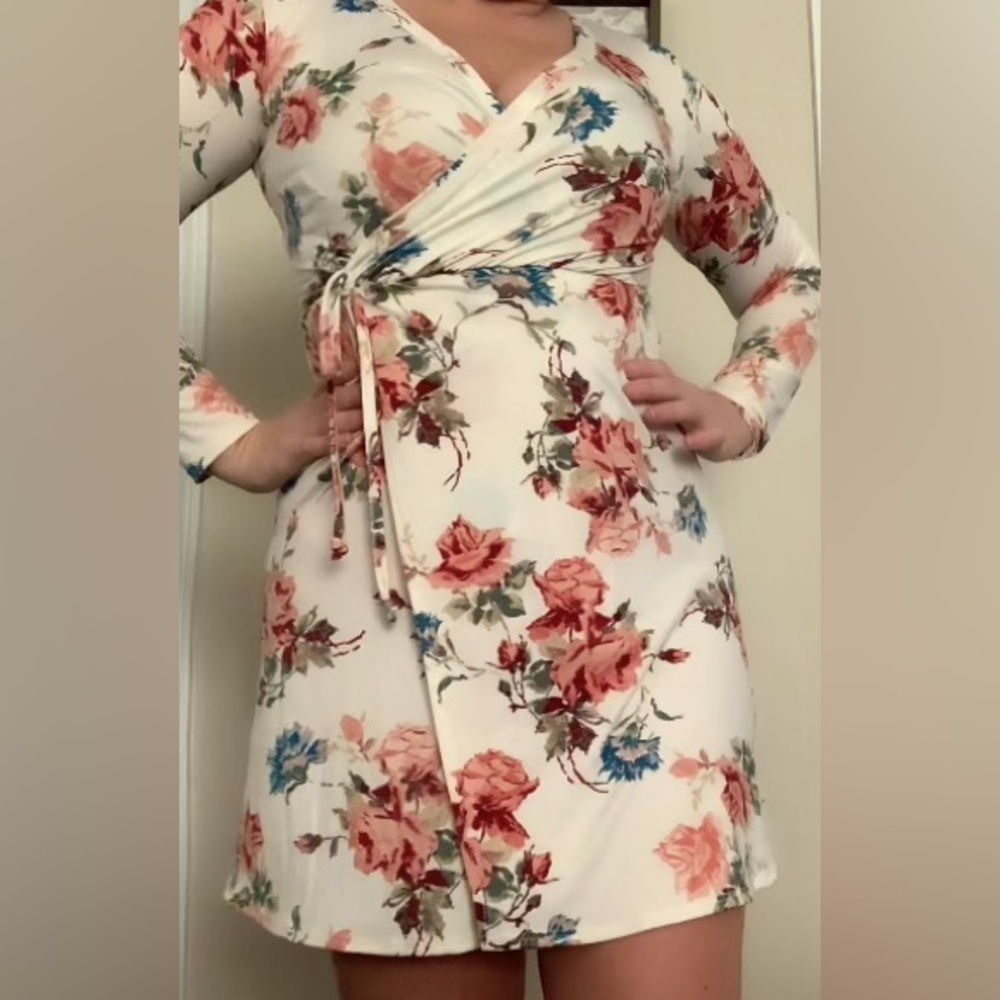 Long Sleeve Cream Floral Wrap Dress